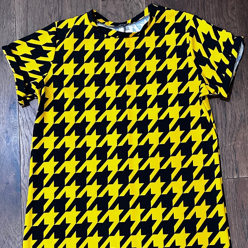 Poof New York Yellow and Black Houndstooth Midi Dress